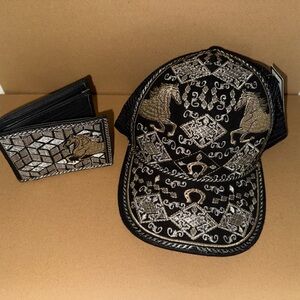 Black and Gold Embroidered Cap and Wallet Set